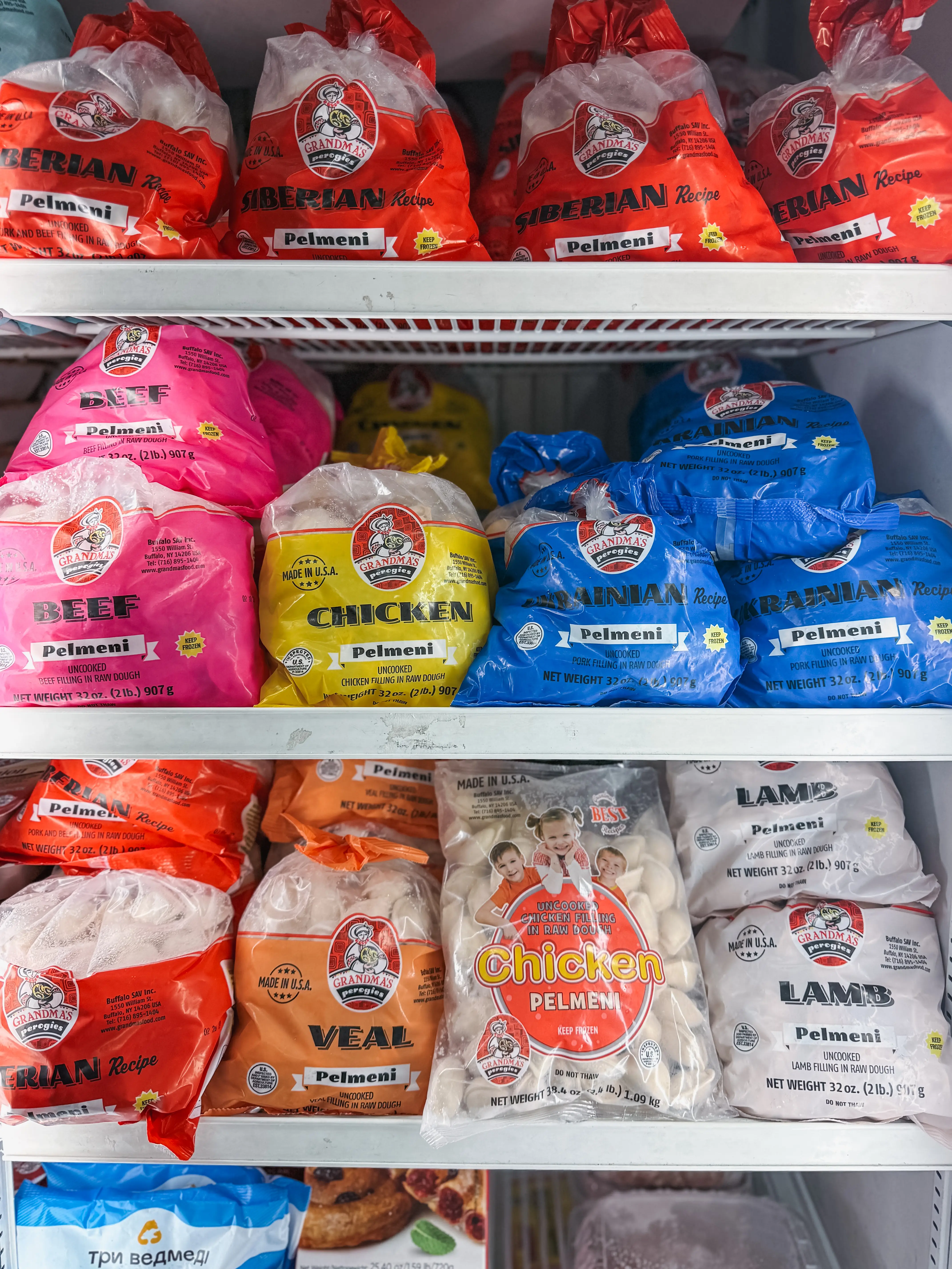 Frozen pelmeni bags in a freezer at Aleksey's Market in Nashville.