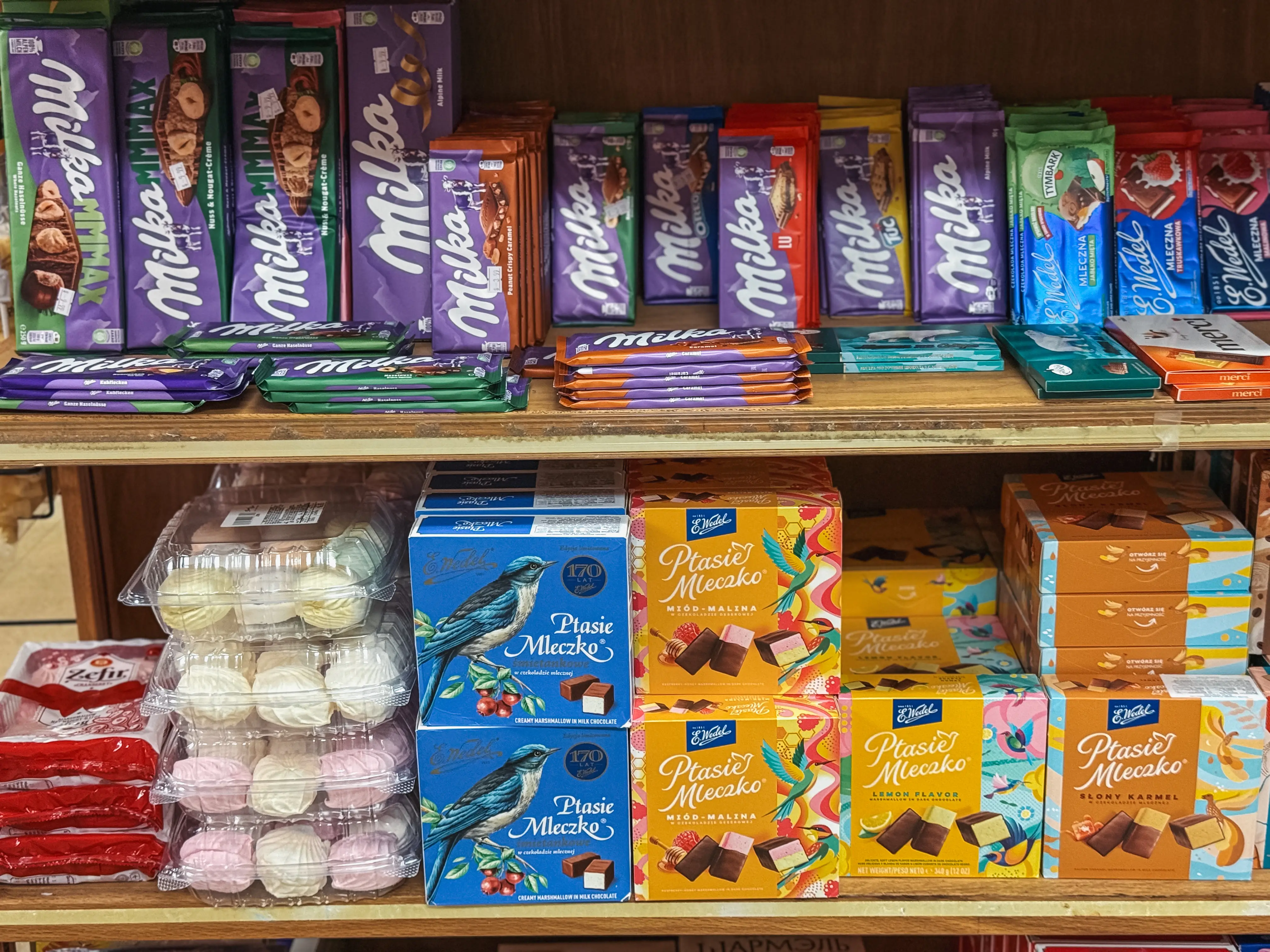 European chocolate and sweets display at Aleksey's Market.